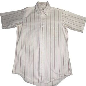 Vintage Sears Roebuck Button Down Shirt White Red Stripe Short Sleeve L 15.5